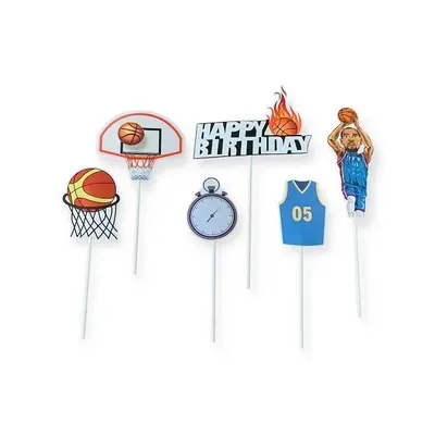 Sada šesti zápichů do dortu s basketbalovým motivem, košem, míčem a nápisem Happy Birthday