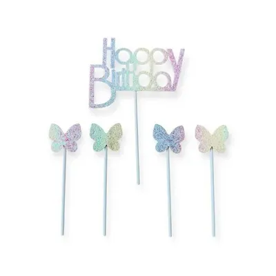 Zápich do dortu Happy Birthday s motýlky, sada 5 kusů pro narozeninovou ozdobu dortu