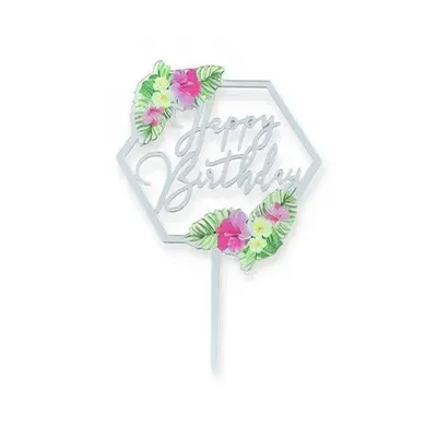 Zápich do dortu Happy Birthday stříbrný s květinami