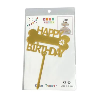 Zlatý zápich do dortu s nápisem Happy Birthday a motivem kosti a tlapek pro milovníky psů
