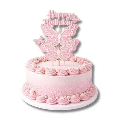 Růžové zápichy do dortu Happy Birthday s motýlky, sada 4 kusů na dekoraci narozeninových dortů