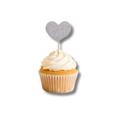 Stříbrné zápichy ve tvaru srdíček na dort, sada 12 kusů k zdobení dortů a cupcaků