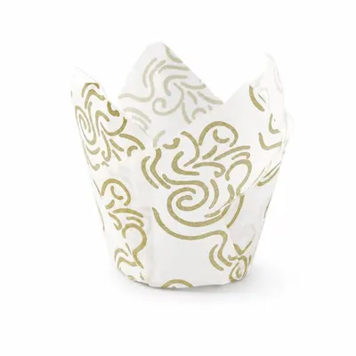 Papírové košíčky Tulip bílé se zlatým vzorem na muffiny a cupcakes, 50 kusů o rozměru 5 x 8 cm