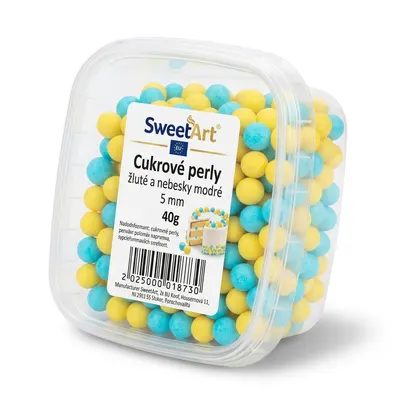 Cukrové perly SweetArt o průměru 5 mm v žluté a modré barvě, 40 g, k dekoraci dortů a cukrářských výrobků