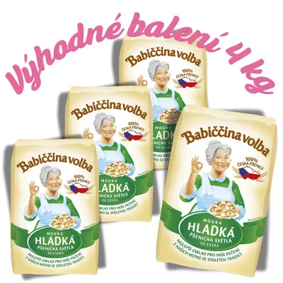 Hladká pšeničná mouka Babiččina volba od GoodMills v balení 4 x 1 kg vhodná na pečení dortů, piškotů a cukroví