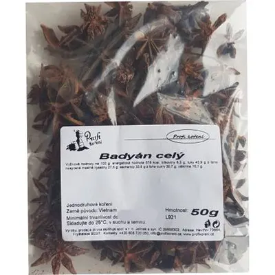 Celé hvězdy a lámané kousky badyánu značky Koření, 50 g, aromatické koření s lékořicovou vůní vhodné do pečení a nápojů