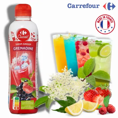 Francouzský grenadinový sirup Carrefour Original o objemu 750 ml pro přípravu nápojů a dezertů