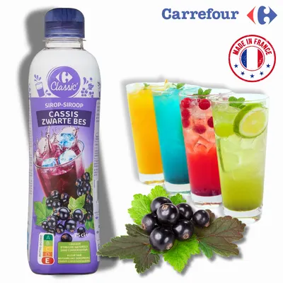 Francouzský rybízový sirup Carrefour Original s 31% obsahem ovoce, objem 750 ml, vhodný na limonády a dezerty