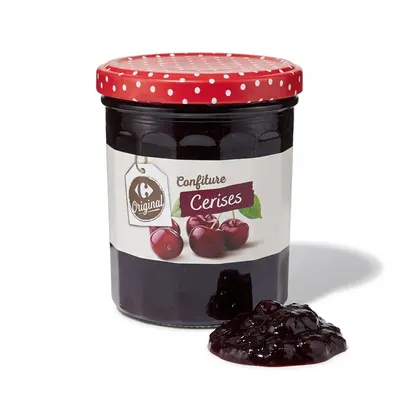 Třešňový džem Carrefour Original v sklenici 370 g určený k pečení a zdobení cukrářských výrobků