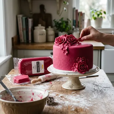 Potahovací fondán SweetArt v červeném odstínu cerise s vanilkovou vůní, 1 kg, hmota na potahování dortů