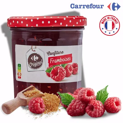 Malinový džem se třtinovým cukrem v balení 370 g, vhodný na plnění a promazávání moučníků