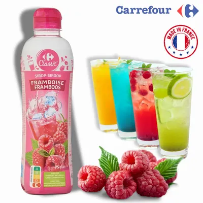Malinový sirup Carrefour Original s 31% obsahem ovocné složky, 750 ml, vhodný na limonády, dezerty a koktejly