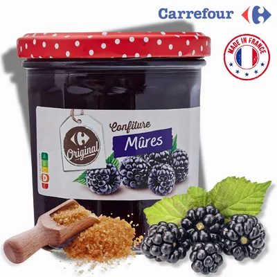 Ostružinový džem Carrefour se třtinovým cukrem v 370g sklenici na promazání dortů a plnění cukroví