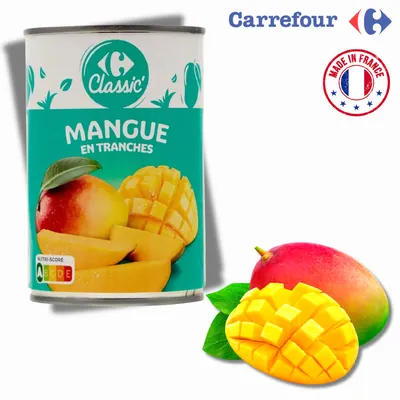 Plátky manga v kompotu značky Carrefour Original, konzervované mango vhodné do dortů, koláčů a dezertů