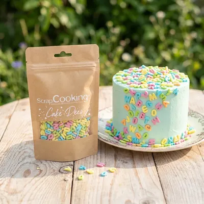 Barevná cukrová písmenka Veselá abeceda značky Scrap Cooking v balení 55 g na zdobení dortů a dezertů