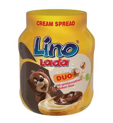 Míchaná pomazánka Lino Lada Duo v dvoubarevném složení z mléčného a kakaového krému na pečivo i do dezertů, balení 350 g