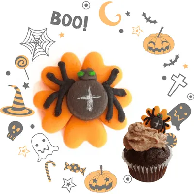 Dekorace z kokosového marcipánu ve tvaru pavouka na zdobení dortů a zákusků při halloweenských oslavách