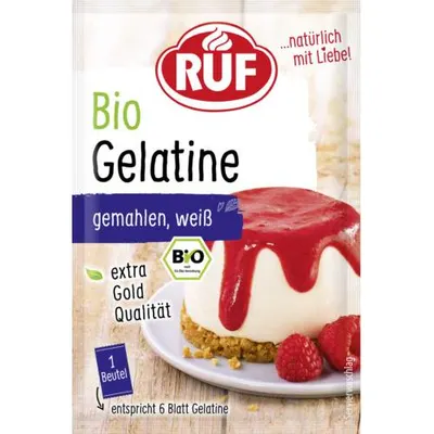 Bio želatina od značky RUF pro zpevnění krémů, želé a ovocných náplní při pečení dortů