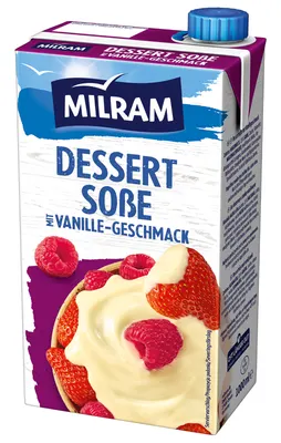 Vanilková omáčka MILRAM chlazená v balení 1 l, vhodná k přelivání dezertů a moučníků