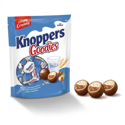 Oplatkové kuličky Knoppers Goodies s mléčným a nugátovým krémem obalené v čokoládě, balení 180 g