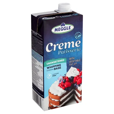 Rostlinný šlehací krém MEGGLE Creme Patisserie neslazený v litrovém balení, vhodný na šlehání i vaření