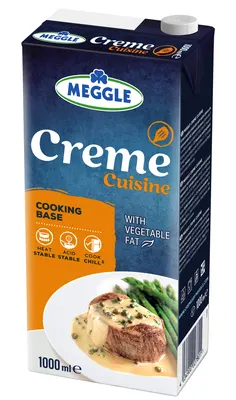 Meggle Creme Cuisine 15 % s rostlinným tukem, chlazená vařicí smetana v litrovém balení na šlehání i vaření