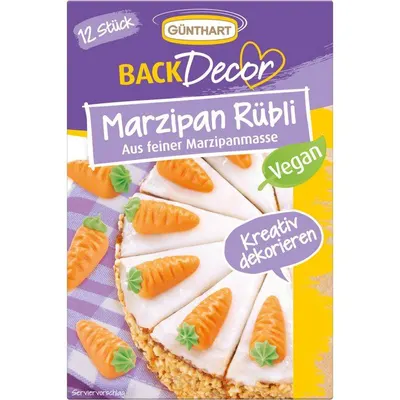 Veganské marcipánové mrkvičky Günthart v balení 12 kusů na zdobení dortů a moučníků