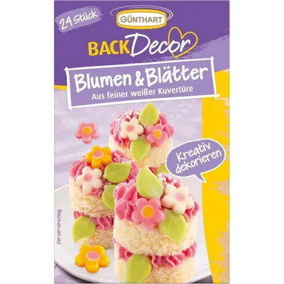 Květy a listy z bílé čokolády Günthart, 24 ks, jedlé zdobení na dorty a cupcakes