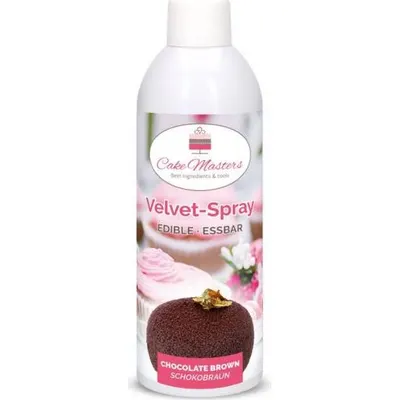 Velvet sprej čokoládově hnědé barvy od značky Cake Masters o objemu 400 ml pro sametové obarvení dortů