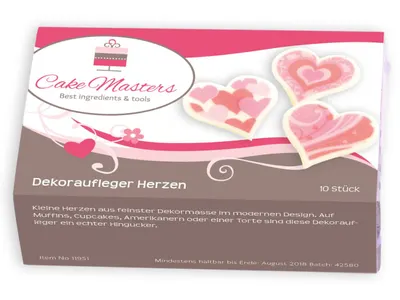 Cukrová dekorace ve tvaru srdíček s potiskem, 10 kusů od značky Cake Masters, k zdobení dortů a cukrářských výrobků
