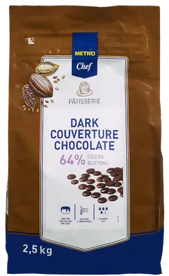 Hořká čokoláda 64% v čočkách od značky METRO Chef, balení 2,5 kg, vhodná na tavení do krémů, ganache a polev