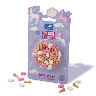 Cukrové figurky jednorožců a rohů od značky PME na zdobení dortů a cupcakes, balení 25 g