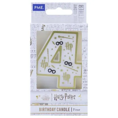 Dortová svíčka ve tvaru číslice 4 od značky PME v bílo-zlatém provedení s motivem Harry Potter