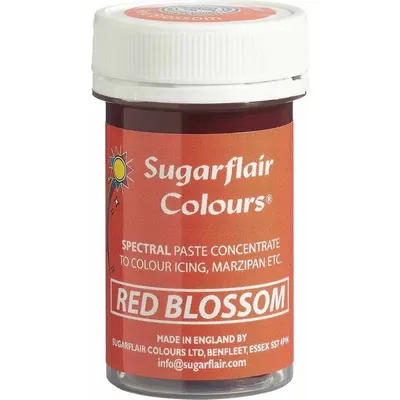 Gelová barva Sugarflair v odstínu Red Blossom o objemu 25 g pro obarvení potahovacích hmot, past a krémů na dorty