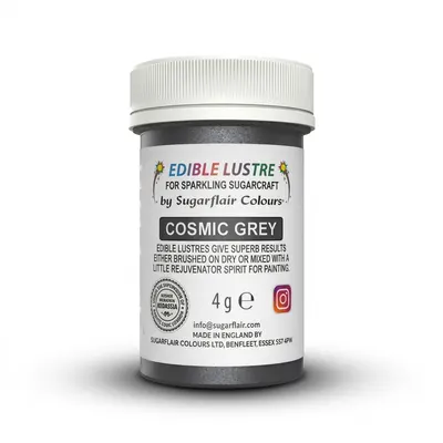 Prachový lesk Sugarflair v odstínu Cosmic Grey pro zdobení cukrářských výrobků s kovovým perleťovým efektem