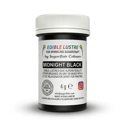 Prachový lesk Sugarflair Midnight Black v černé barvě s perleťovým efektem na zdobení dortů a cukrářských výrobků