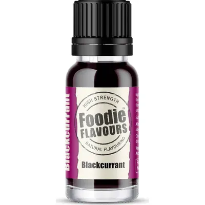 Přírodní koncentrované aroma s příchutí černého rybízu od značky Foodie Flavours v lahvičce o objemu 15 ml na ochucení pečiva a krémů