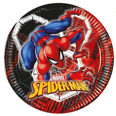 Papírové talíře Spider-Man o průměru 19,5 cm od značky Procos, balení osmi kusů pro dětskou oslavu