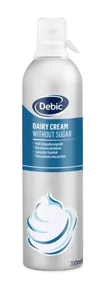 Neslazená šlehačka 35 % ve spreji Debic o objemu 700 ml pro rychlé zdobení dortů a dezertů