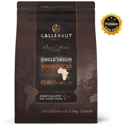 Hořká belgická čokoláda Callebaut Madagaskar 67,4% v pecičkách Callets o hmotnosti 2,5 kg pro cukrářské použití