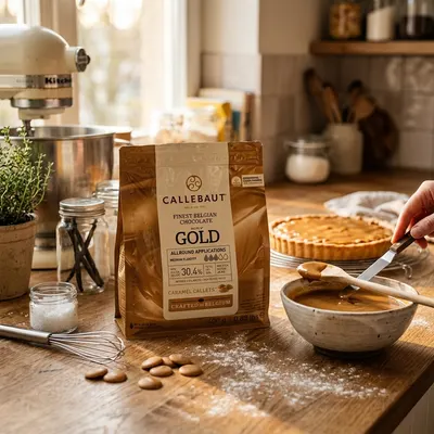 Karamelová bílá čokoláda Callebaut GOLD v balení 400 g určená k pečení a výrobě polev, krémů a ganache