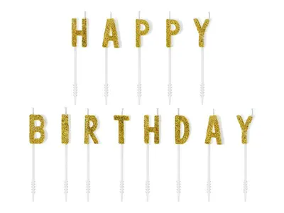 Zlaté narozeninové svíčky PartyDeco s nápisem Happy Birthday na dort a oslavu