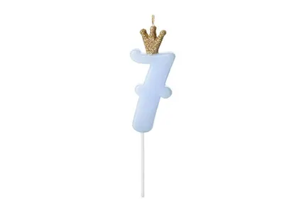 Modrá narozeninová svíčka PartyDeco ve tvaru číslice 7 s korunkou, výška 9,5 cm, na dort