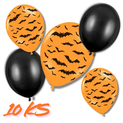 Oranžový latexový balonek s černými siluetami netopýrů pro halloweenskou party, průměr 30 cm, balení 10 kusů