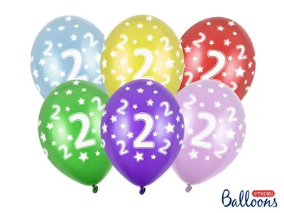 Metalické balónky PartyDeco s motivem 2. narozenin, 6 ks v náhodných barvách, pro dětské oslavy