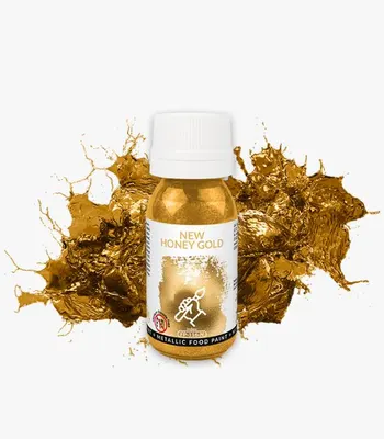 Tekutá metalická jedlá barva Food Colours New Honey Gold v objemu 18 ml pro zlaté zdobení dortů a dezertů