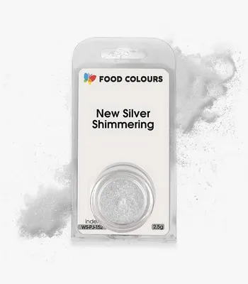 Jedlá prachová perleťová barva Food Colours v stříbrném odstínu New Silver Shimmering na zdobení dortů a dezertů