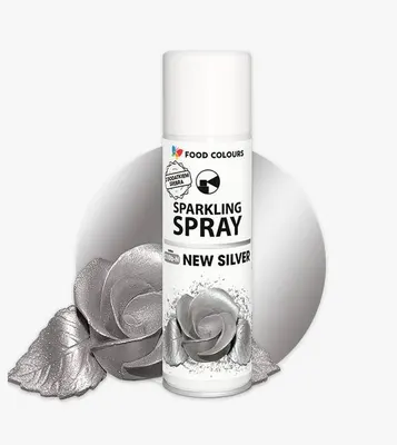 Barva ve spreji Food Colours v odstínu New Silver pro metalický stříbrný lesk na dorty a cukrářské výrobky