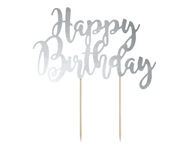Zápich do dortu Happy Birthday stříbrný, výška 22,5 cm