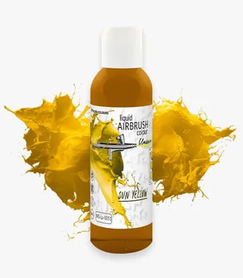 Tekutá airbrush barva Food Colours v zářivě žlutém odstínu Sun Yellow o objemu 135 ml pro stínování dortů